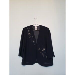 VTG KSL Karin Stevens Women Plus 14W Blazer Black 3/4 Sleeve Floral Semi Sheer